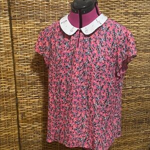 EUC I Heart Ronson Embellished Collar Floral Short sleeve Party Blouse top XL